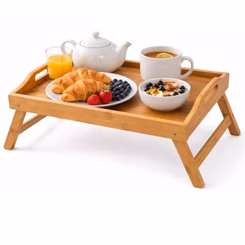 Almineez Bamboo Bed Tray Table with Folding Legs in Brown, W/D/H: 40 x 32 x 18 cm