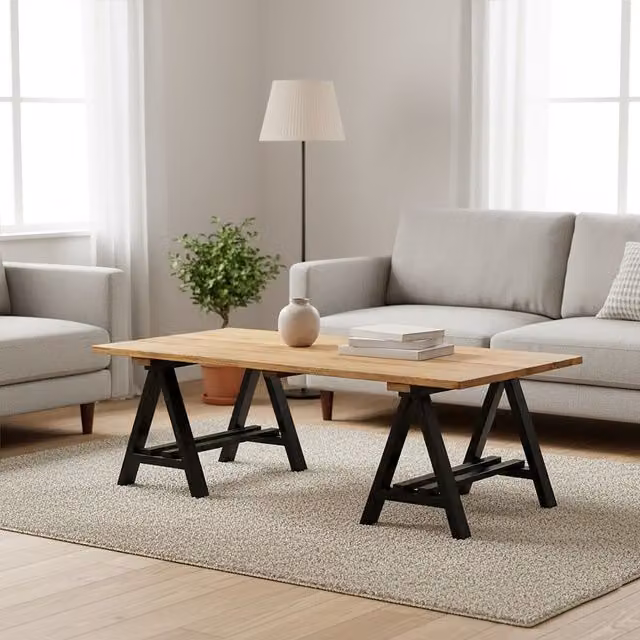 Orsina Rectangular Pine Wood and Metal Coffee Table with X-Frame Design in Black and Brown – 2