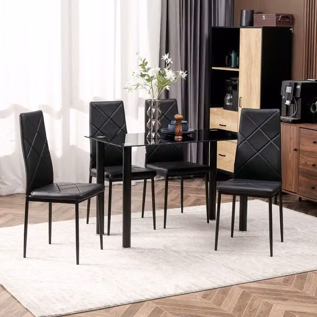 HOMCOM Modern Black Dining Table and 4 Chairs Set with Tempered Glass and Padded Seats – 1