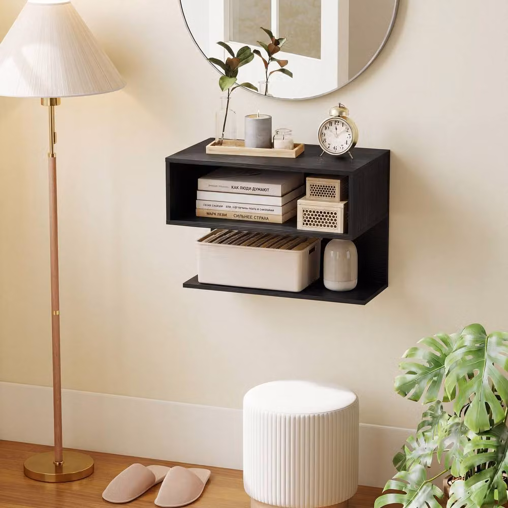 Gymax Set of 2 Wall Mounted Black Matt Floating Nightstands with Glass and Metal Design – 4