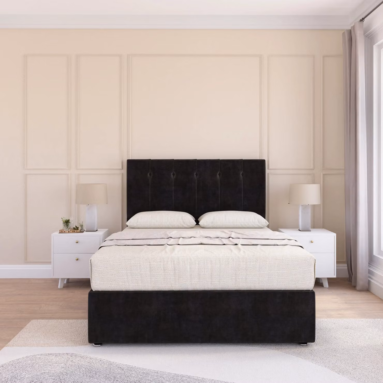 Sloomy Highbury Single Divan Bed Base and 54 inch Floor Standing Headboard in Black Velvet Fabric, W/D/H: 90 x 200 cm