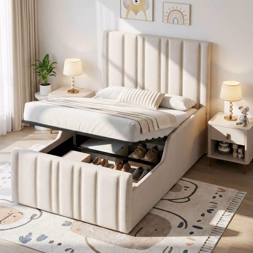 BTM Single Upholstered Hydraulic Storage Bed Frame in Beige Linen, W/D/H: 90 x 190 cm – 2