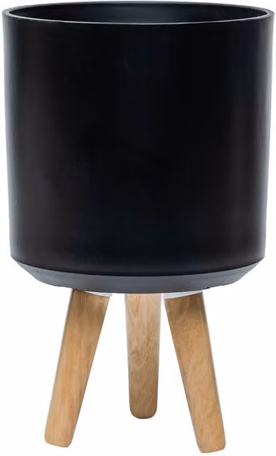 Simpa Urban 12L Round Black Plastic Planter with Wooden Legs, H 40 cm x Dia 25 cm