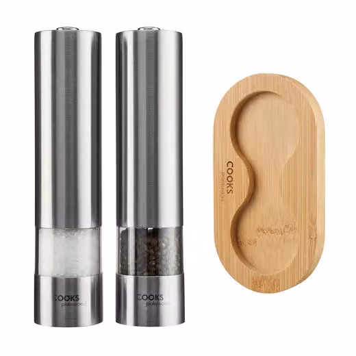 Cooks Professional Electric Salt and Pepper Mill Set with Bamboo Base in Silver Stainless Steel – 2
