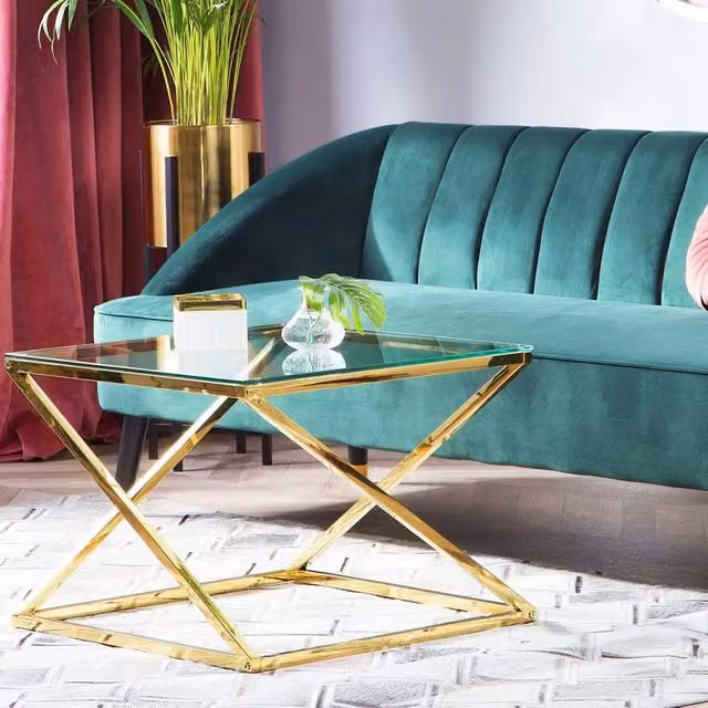 Wyld and Coco Home Gold Square Glass Top Coffee Table with Steel X-Frame, W/D: 60 x 60 cm, H: 45 cm – 1
