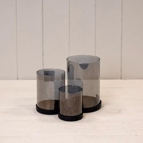 Gift Company Set of Three Black Glass Pillar Candle Holders with Metal Base
