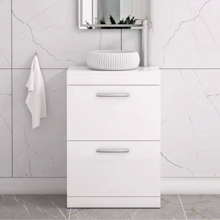 Royal Bathrooms Milan Turin 500mm Floor Standing 2 Drawer Gloss White Vanity Unit with Countertop Basin
