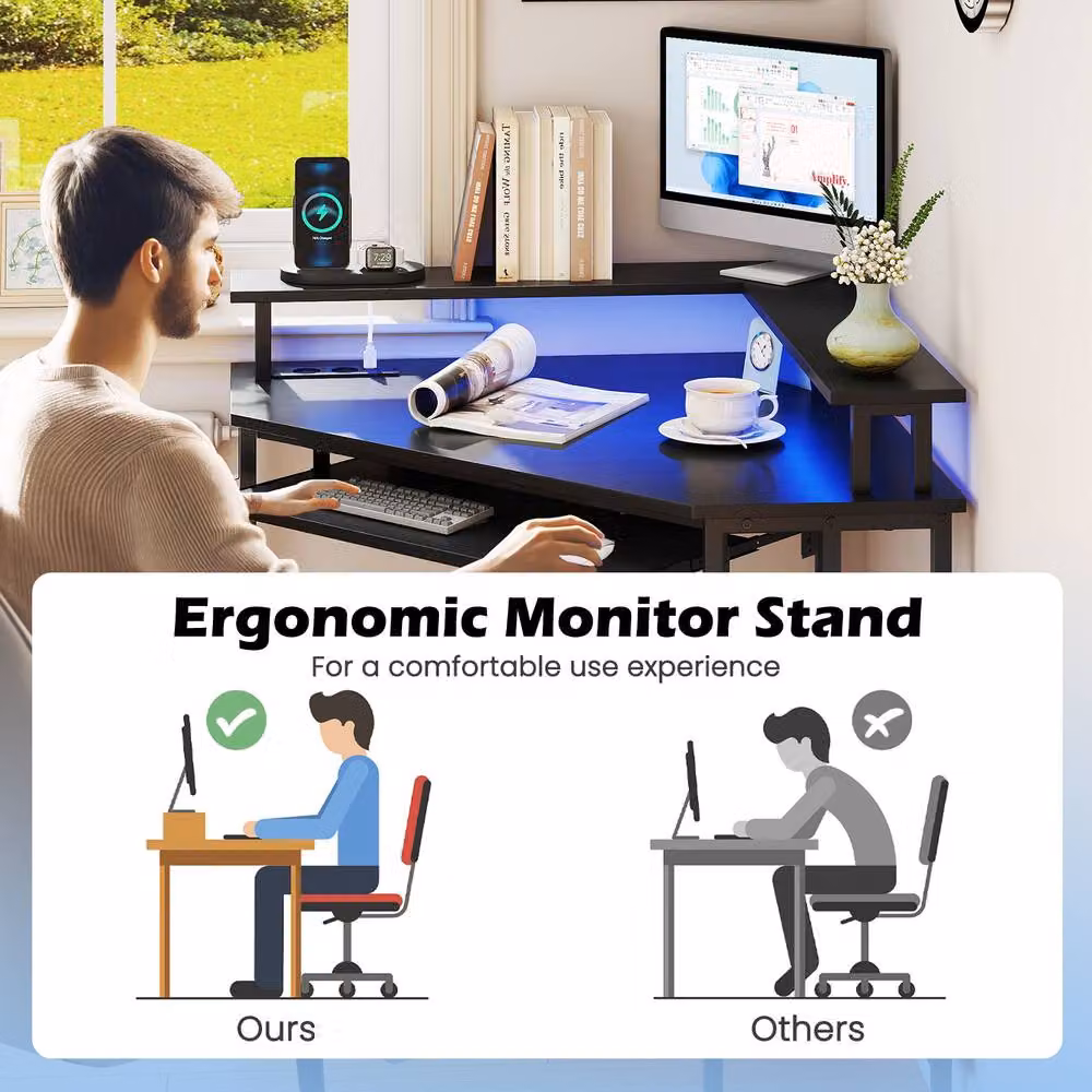 Costway Black Triangle Corner Gaming Desk with Charging Station and LED Lighting – 7