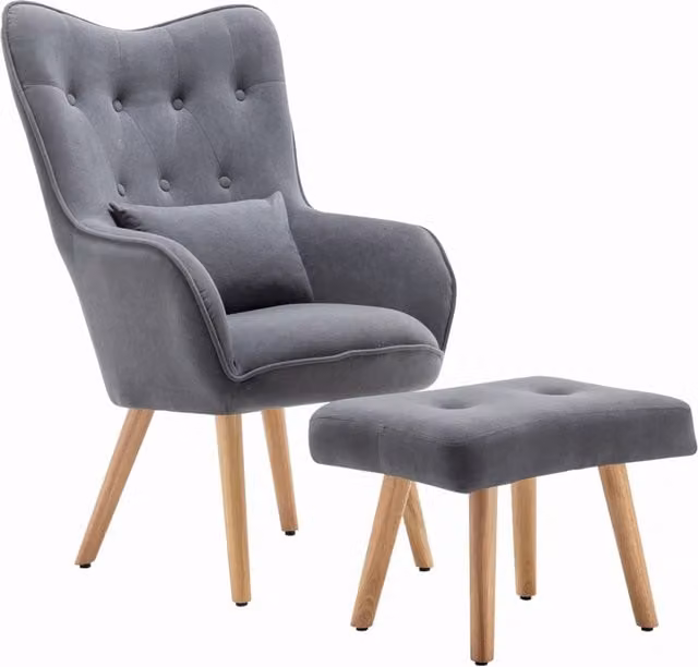 Grey Velvet Tub Armchair with Matching Ottoman and Mid-Century Design