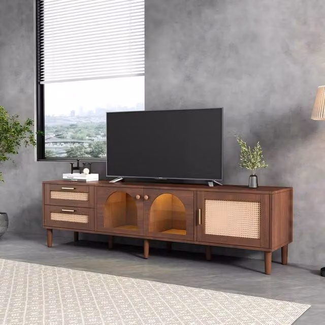 ModernLuxe Modern TV Cabinet with Rattan Drawers, Glass Doors and Integrated LED Lighting in Brown, W/D/H: 120 x 40 x 50 cm