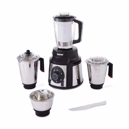 Geepas 5-in-1 1000W Mixer Grinder with 3 Stainless Steel Jars and 1.5L Juice Jar in Black and Transparent – 1