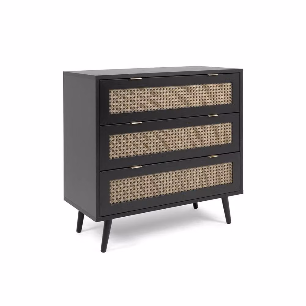 CALICOSY 3-Drawer Chest of Drawers with Cane Print and Black Finish, W/D/H: 80 x 40 x 80 cm – 3
