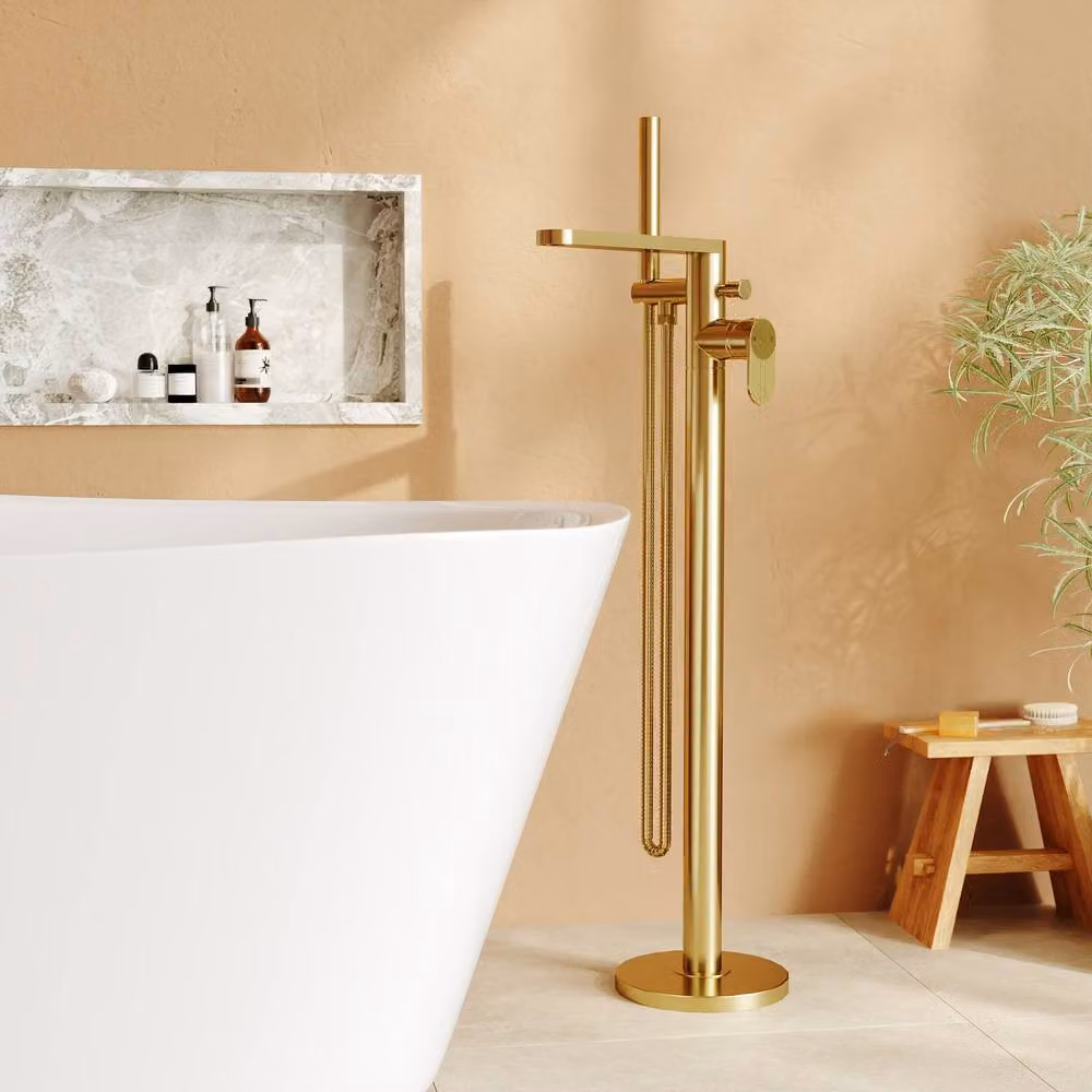 Balterley Freestanding Round Bath Shower Mixer Tap and Shower Set in Brushed Brass Gold – 2