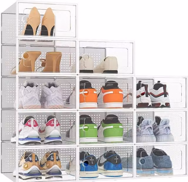 Livingandhome 12-Piece Stackable Plastic and Acrylic Shoe Storage Boxes in White and Transparent