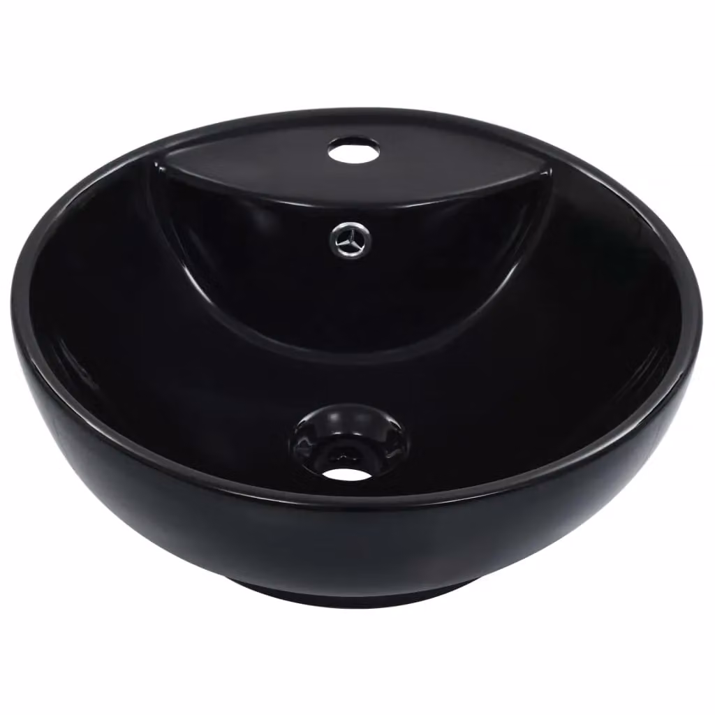 Berkfield Home Round Ceramic Countertop Wash Basin with Overflow, Black, W: 46.5 cm, D: 18 cm – 2