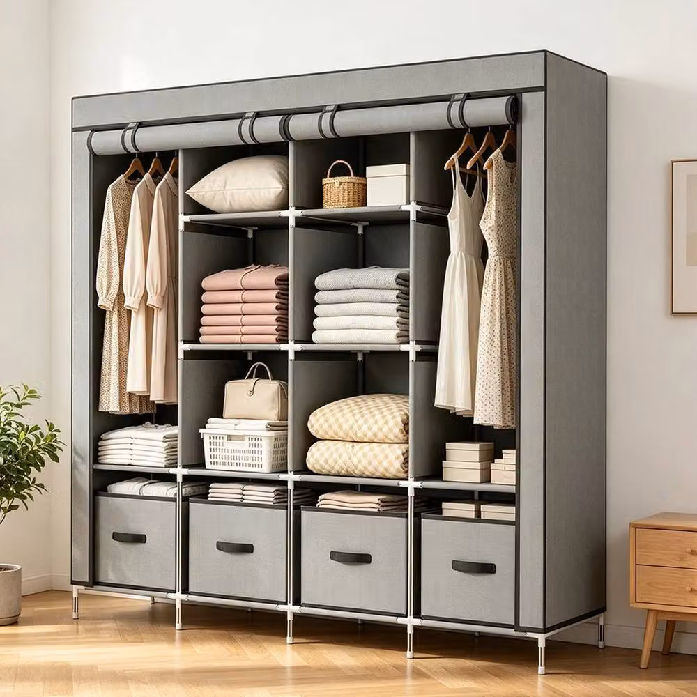 FORGEVIO Grey Large Canvas Fabric Wardrobe with Folding Doors, Hanging Rod and Internal Drawers – 2
