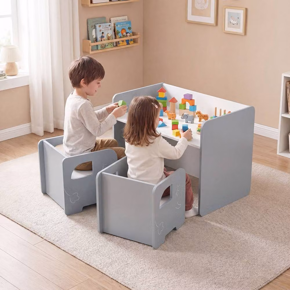 CASART Kids Table and 2 Chairs Set with Chalkboard in Grey – 3