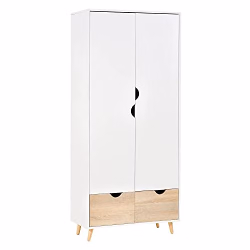 HOMCOM 2-Door White Wardrobe with Hanging Rail, Internal Shelves and 2 Drawers, H 180 x W 80 x D 40 cm – 1