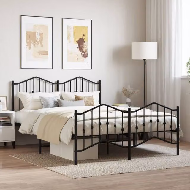 Berkfield Home Metal Bed Frame with Headboard and Footboard, Black, W: 135 cm, L: 190 cm