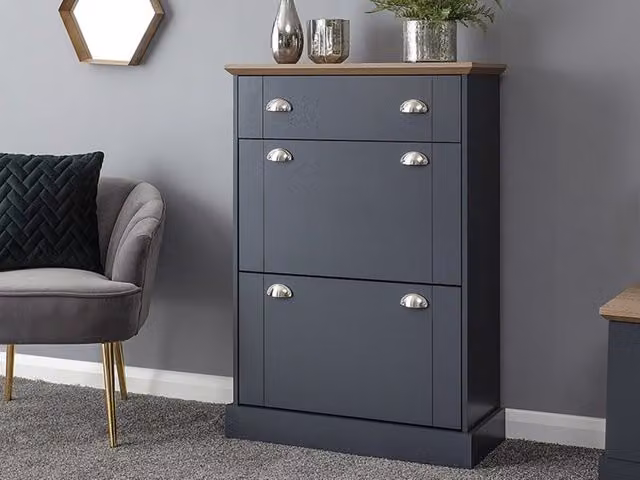 GFW Kendal Deluxe Shoe Cabinet in Blue and Oak with 2 Doors and 1 Drawer – 1