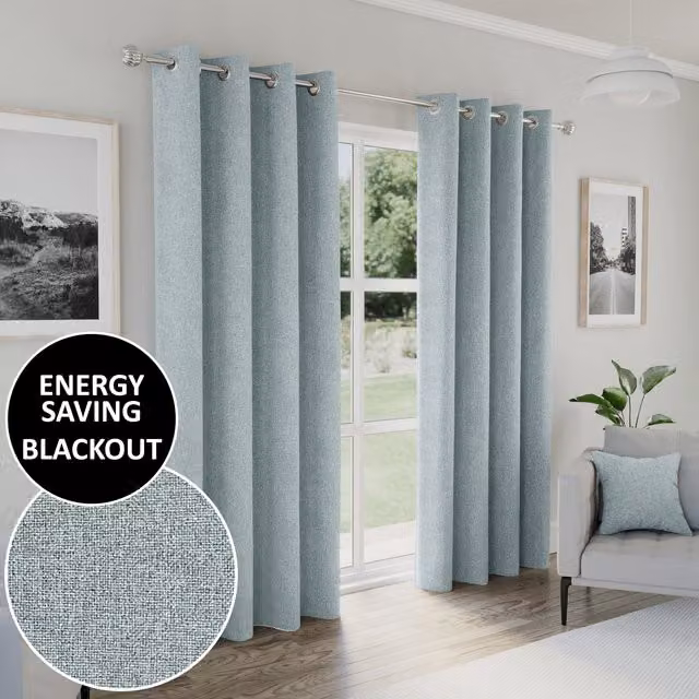 Enhanced Living Blue Plain Blackout Eyelet Curtains, Thermal Insulating, Width: 183 cm