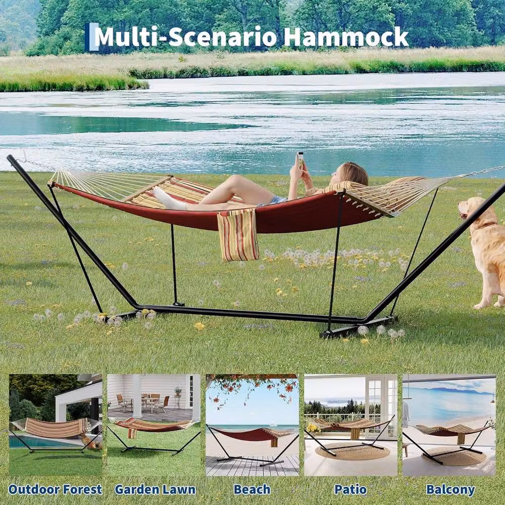 London Boutique Double Hammock with Stand and Multicolour Striped Cushions – 7