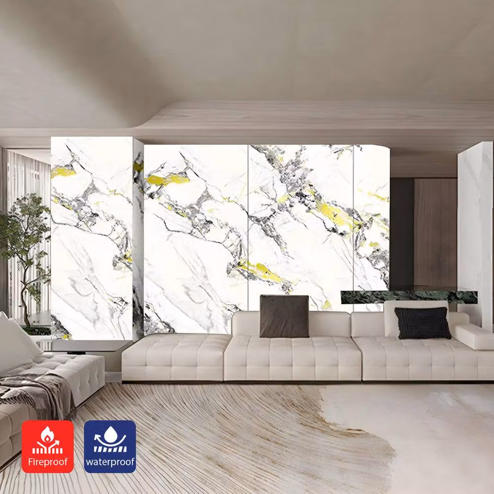 ENER-J Golden Veined Marble SPC Wall Panel, White, W: 122 cm, H: 244 cm, Thickness: 4 mm (Pack of 3) – 2