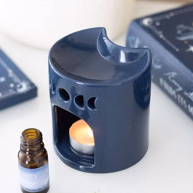 Uniqueful Blue Ceramic Crescent Moon Tealight Oil Burner