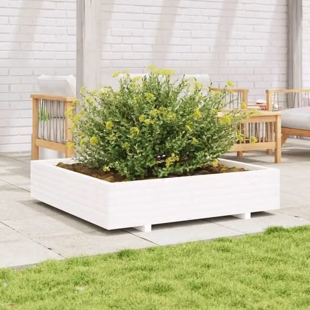 Berkfield Home White Solid Wood Pine Garden Planter W: 110 cm, D: 110 cm, H: 26.5 cm – 1