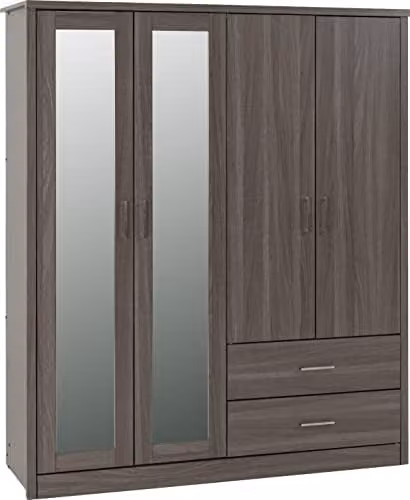 Seconique Lisbon 4 Door Wardrobe with Integrated Drawers and Mirror in Black Wood Grain, W/D/H: 187 x 53.5 x 157 cm