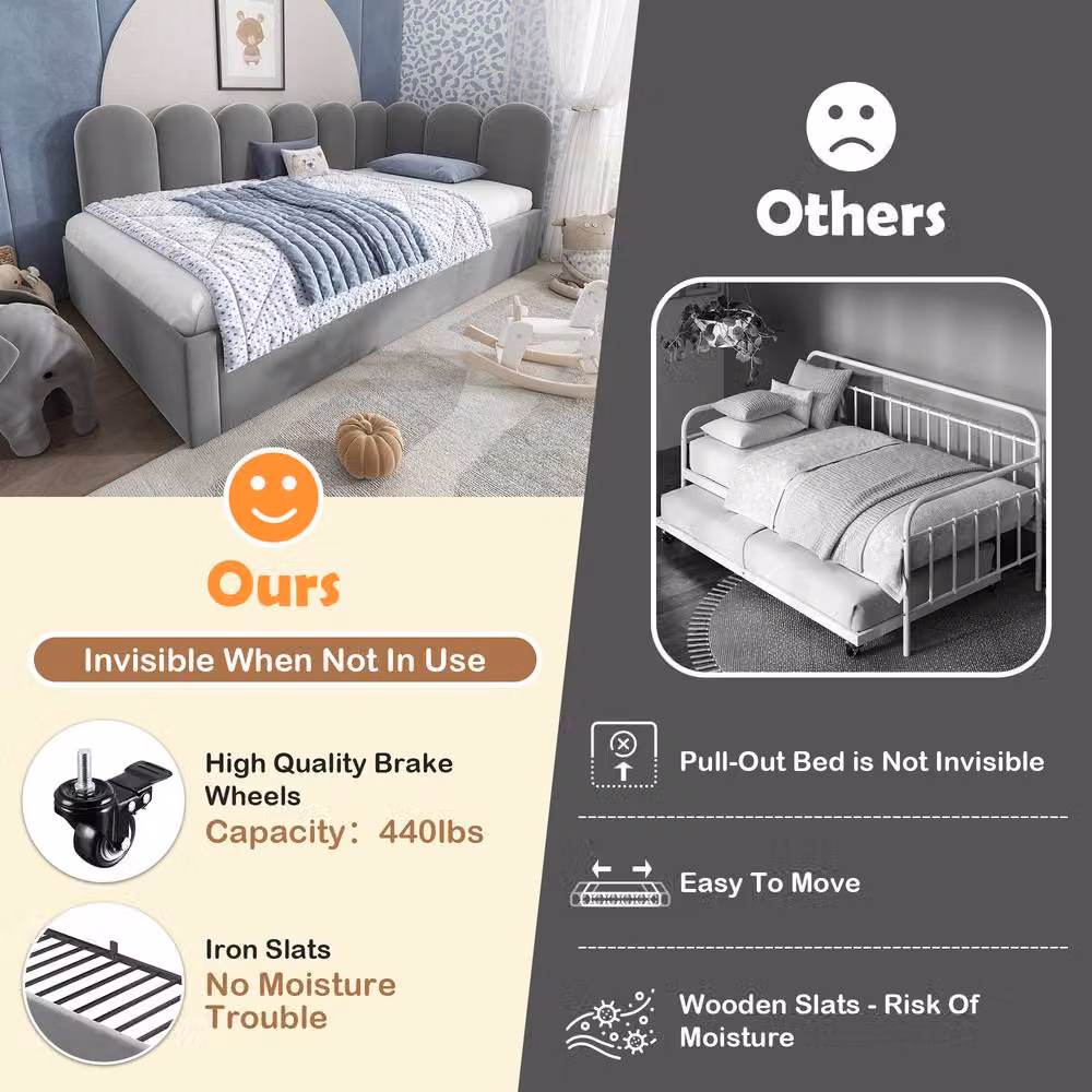 Merax Grey Upholstered L-Form Single Daybed with Pull Out Guest Bed, W/D/H: 190 x 90 x 76 cm – 3