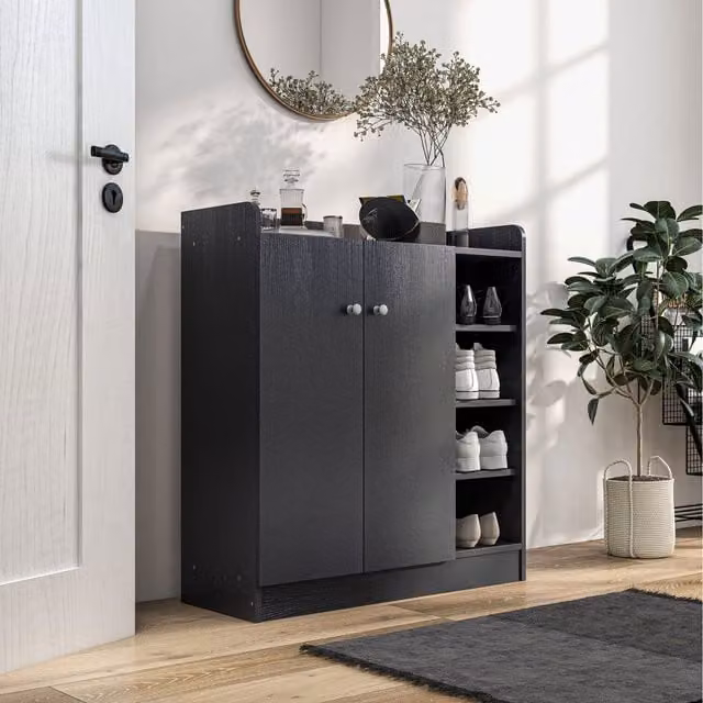 HOMCOM Modern White and Black Shoe Storage Cabinet with Hinged Doors and Internal Shelves