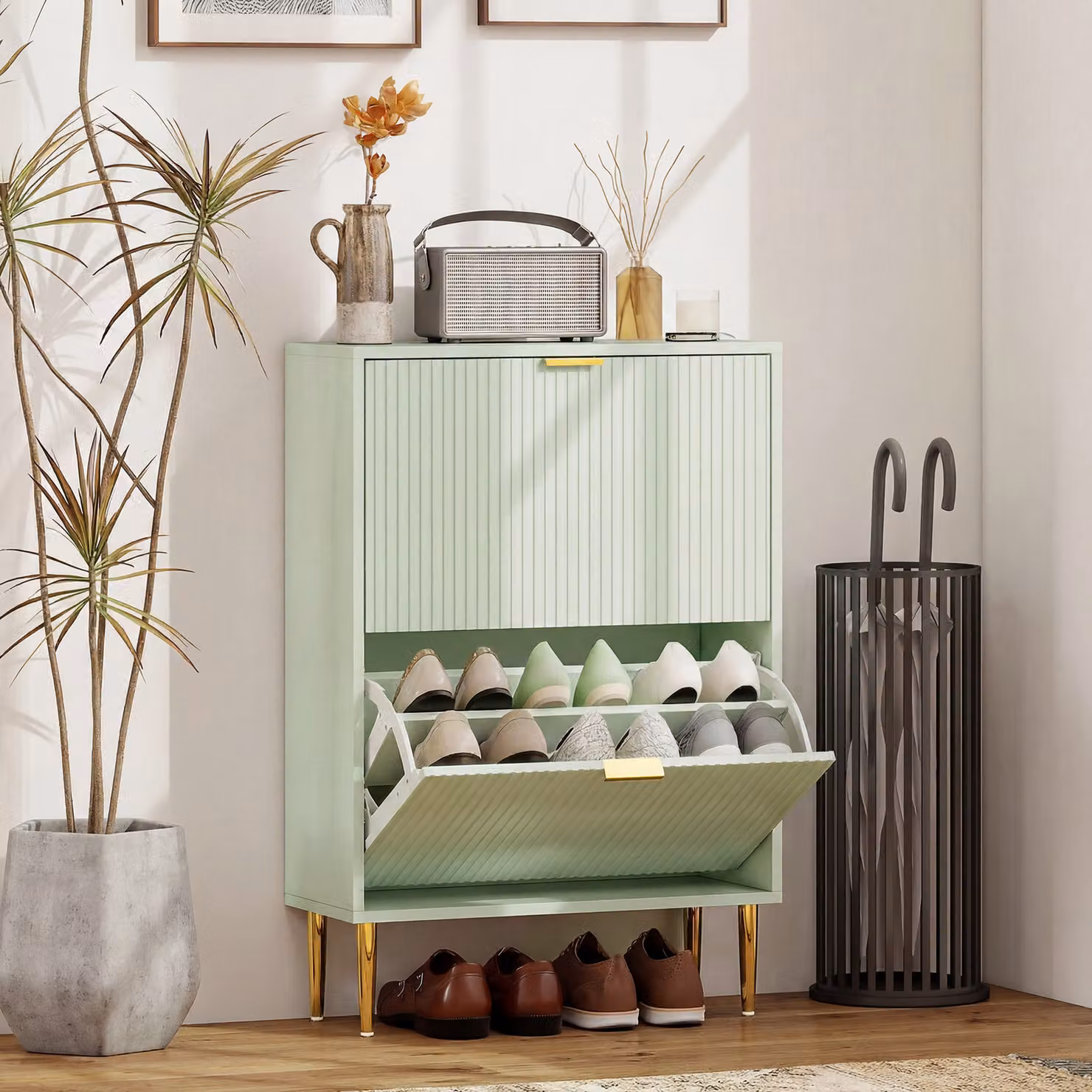 HOMCOM Modern Green Shoe Cabinet with Tilting Compartments and Gold Metal Details, H 91.5 x W 60.0 x D 12.0 cm – 2