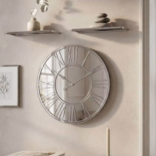 Garden Greatness Silver Roman Numeral Mirror Wall Clock