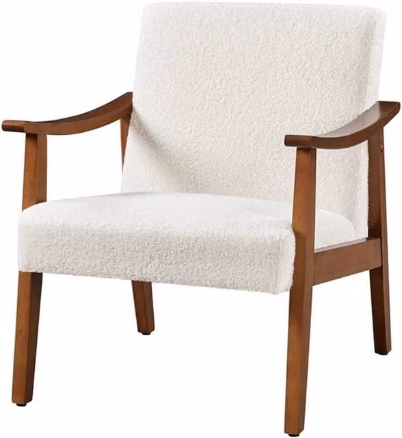 KORVIXA Bouclé Fabric Armchair with Armrests and Wood Legs in White – 1