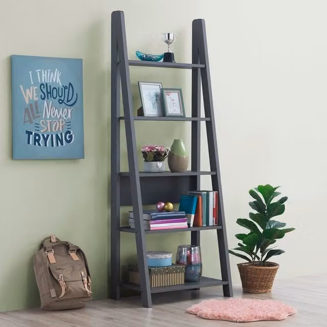 Timber Art Design Riva Retro 5 Tier Ladder Bookcase Display Shelf Unit in Grey, H 175.4 x W 64.0 x D 36.7 cm