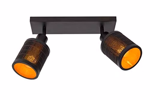 Lucide Tagalog Scandinavian Twin Ceiling Spotlight in Black and Wood with 2 x E27 Sockets