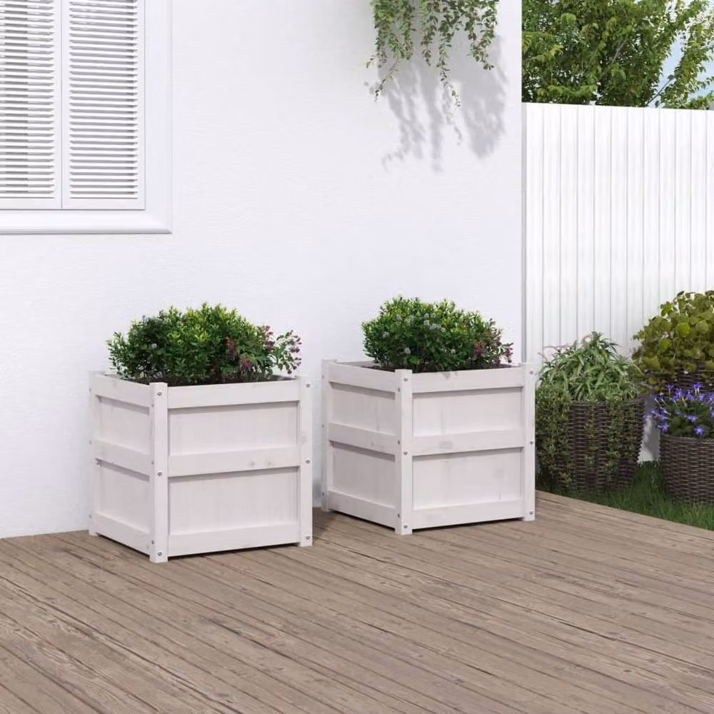 Berkfield Home Garden White Solid Wood Pine Planter Tub, 2 Pack – 2