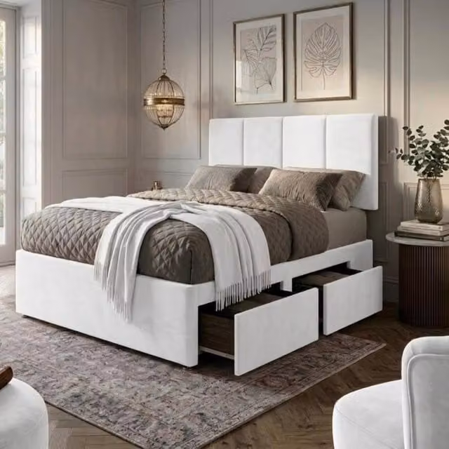 Bed Time UK Plush Velvet Super King Divan Bed with Mattress, 20 Inch Vertical Headboard and 2 Drawers in White, W/D/H: 200 x 200 cm