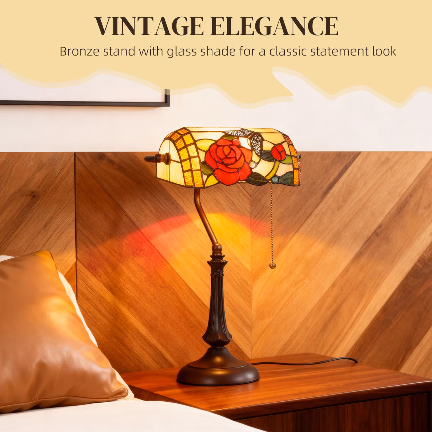 HOMCOM Tiffany-Style Multicolour Glass Table Lamp with Bronze Metal Base and Pull Chain – 4