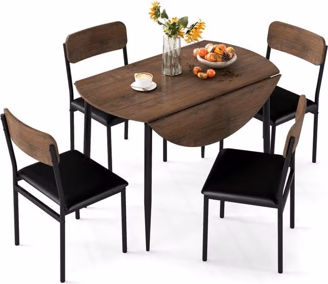 COSTWAY 5 Piece Brown Wood Industrial Dining Set with Round Extendable Drop Leaf Table