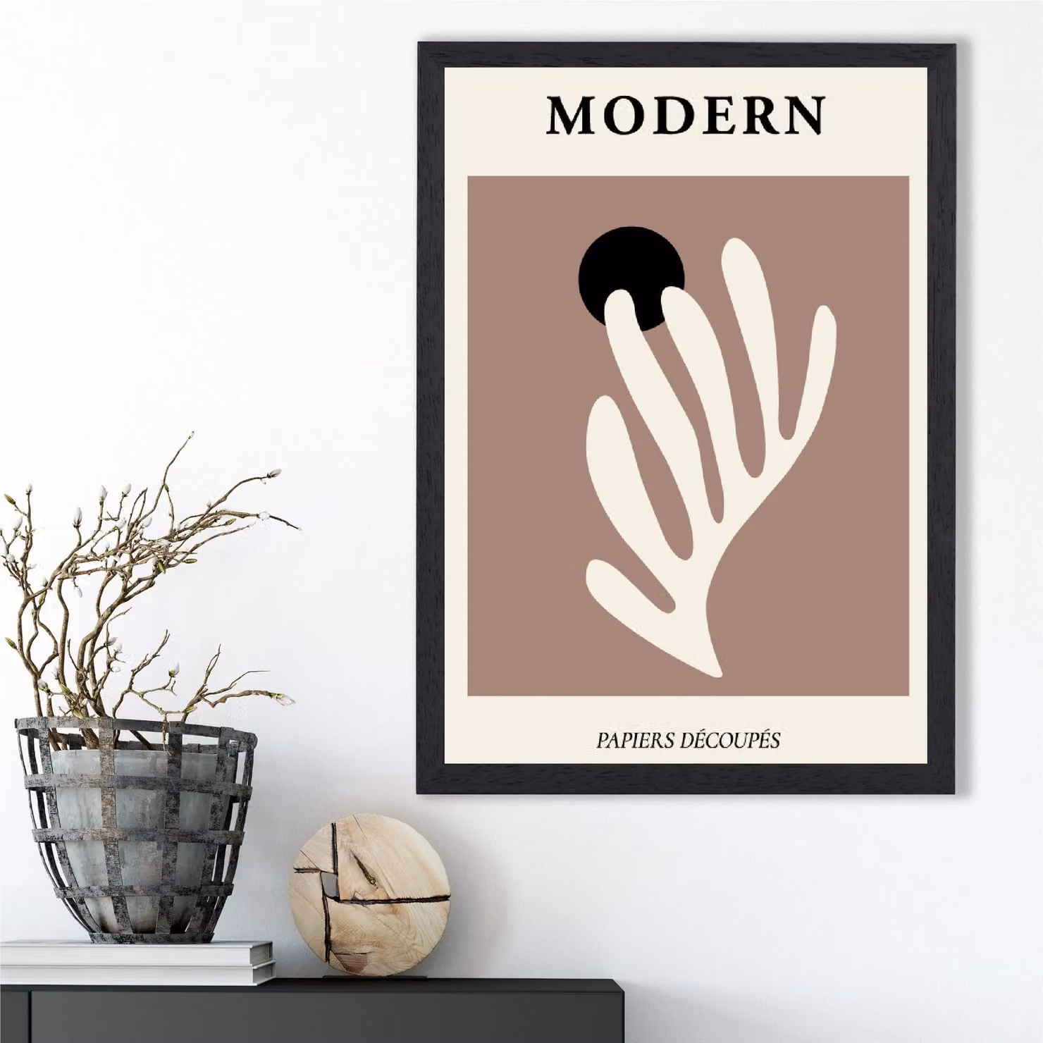 ARTZE Matisse Floral Cutout Mid Century Framed Print in Cream, Brown and Black, A3 – 2