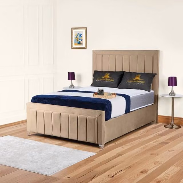UK Bed Furniture Siarra Ottoman Gas Lift Upholstered Velvet Bed in Beige, Super King Size (200 x 200 cm)