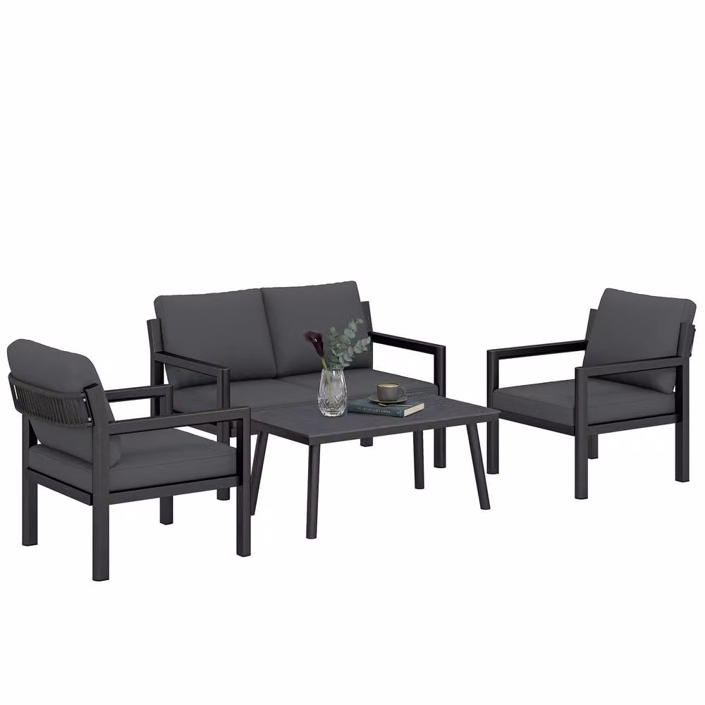 OUTSUNNY Modern Polyrattan Garden Furniture Set with Upholstered Cushions in Dark Grey – 2
