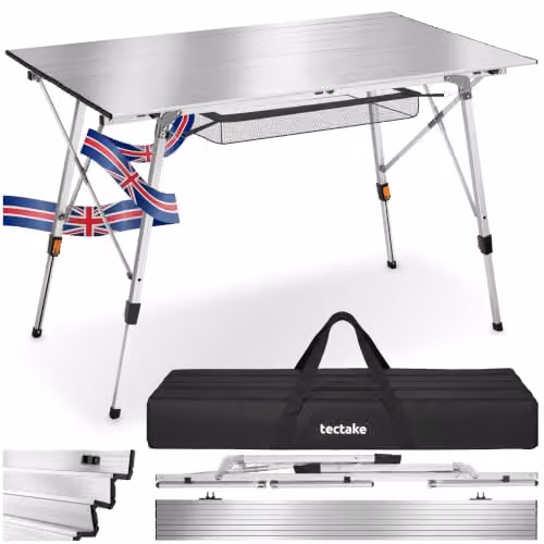 tectake Folding Camping Table, Silver, W: 90 cm, D: 52 cm, H: 47-70 cm