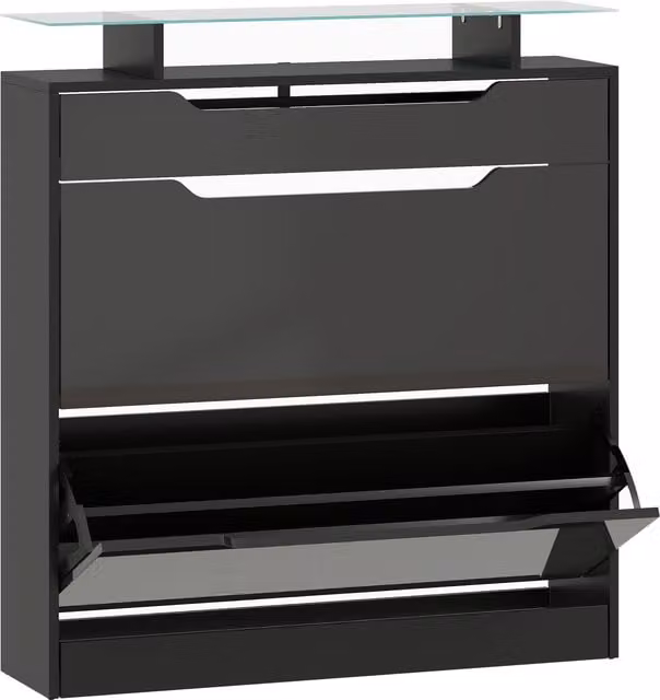 HOMCOM Modern Black Shoe Storage Cabinet with Tempered Glass Top, Tilting Compartments and Internal Shelves