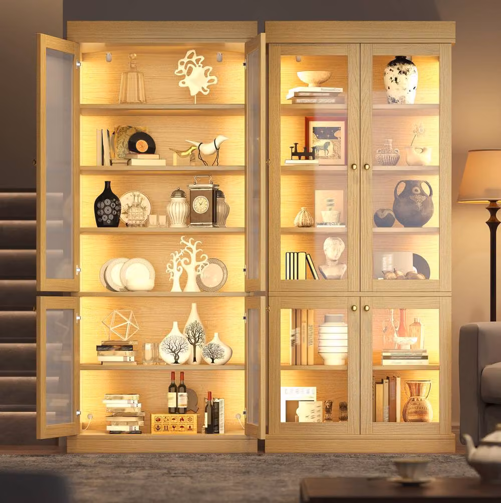 STILVORA Tall Cabinet with LED Lighting and Shelves in Natural Wood – 3