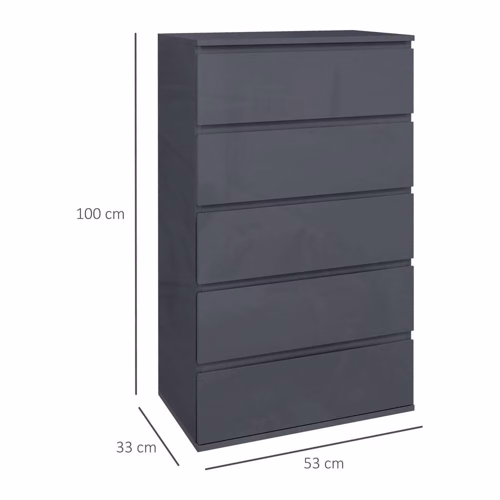 STILVORA Modern Grey Glossy Chest of Drawers with 5 Soft-Close Drawers – 2