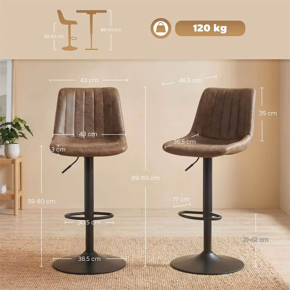 EONLION Modern Brown Metal Breakfast Bar Stools Set of 2, Height: 100 cm – 2