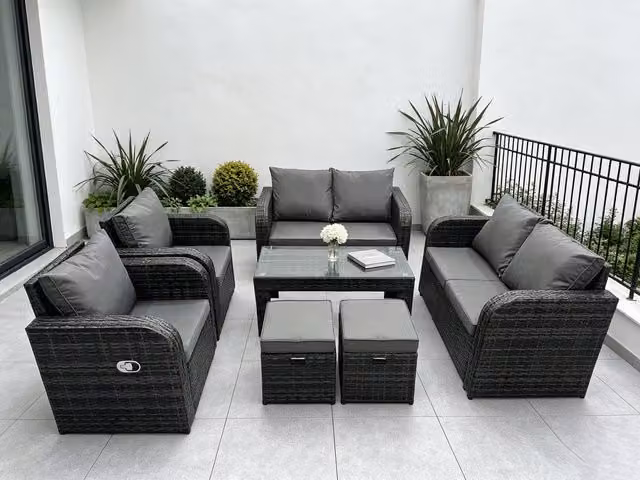 Fimous 8-Seater Grey PE Rattan Garden Furniture Set with Reclining 2-Seater Sofa, Coffee Table, Lounge Armchair and Ottoman